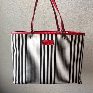 Longchamp  Black and White Striped Shoulder Bag Red Leather